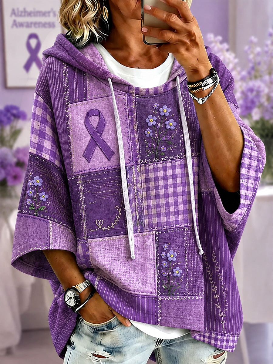 Sweat à capuche à manches courtes pour femmes, imprimé floral violet, en soutien à la sensibilisation à la maladie d’Alzheimer