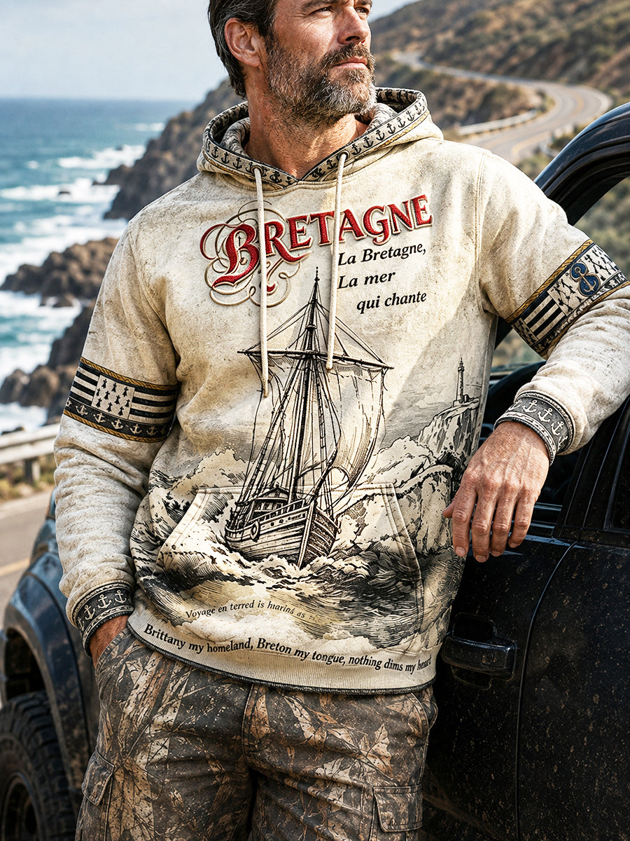 Sweat-shirt à Capuche Décontracté Homme Vintage Blanc Cassé Imprimé Français