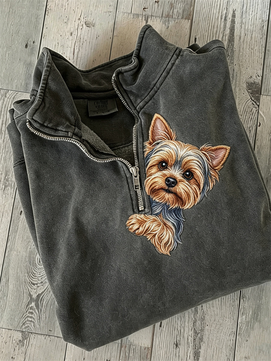 Femme Peeking Yorkshire Dog Imprimer Zip Up Sweatshirt