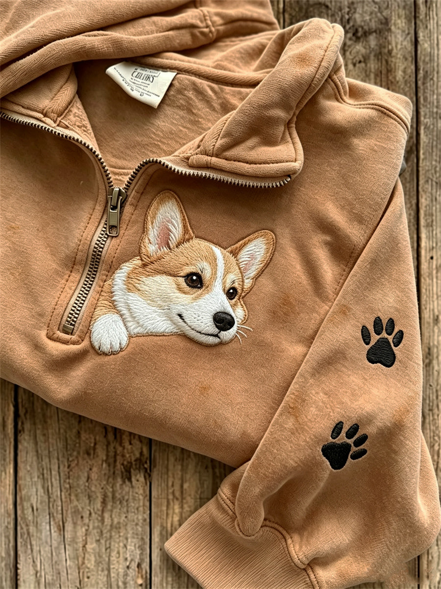 Peeking Corgi Dog & Paw Prints Imprimer Zip Up Sweatshirt Femme