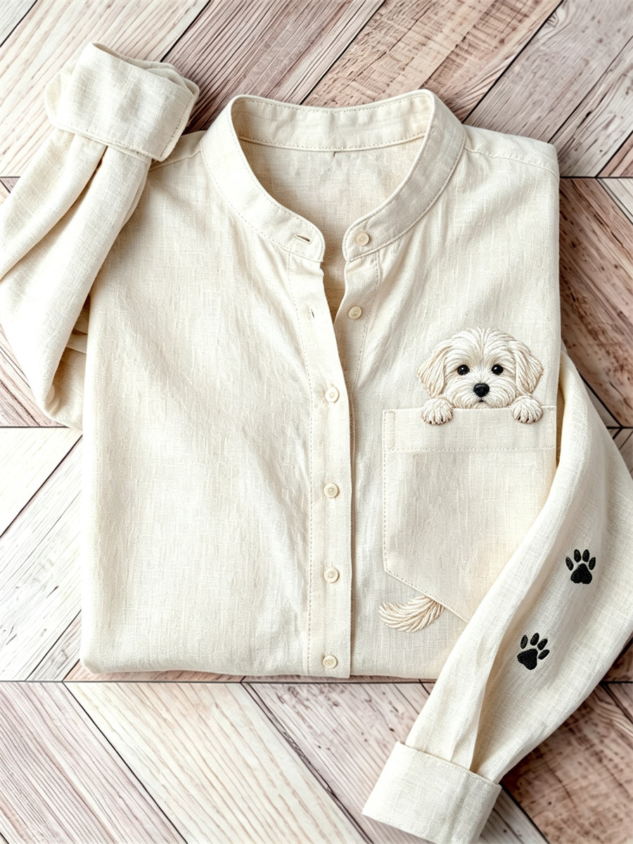 Chemise à imprimé de poche Lovely Peeking Maltese Dog pour femme