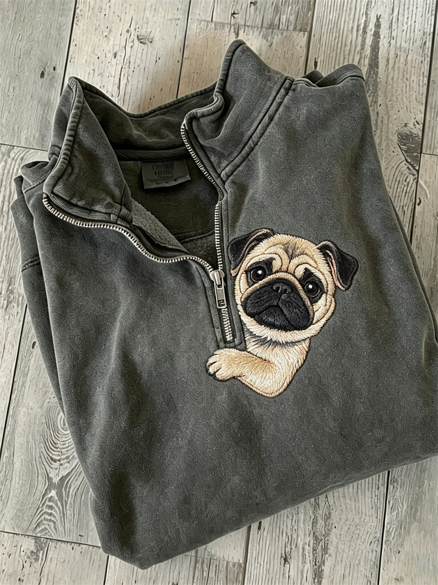 Peeking Pug Dog Print Zip Up Sweatshirt Femme