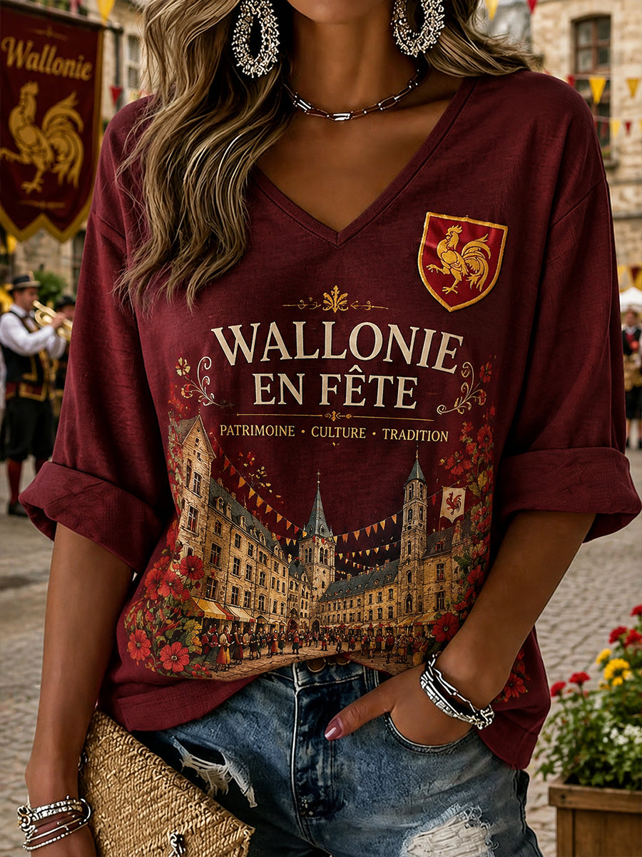 Top Femme Col V Imprimé Folklore Festival Wallon