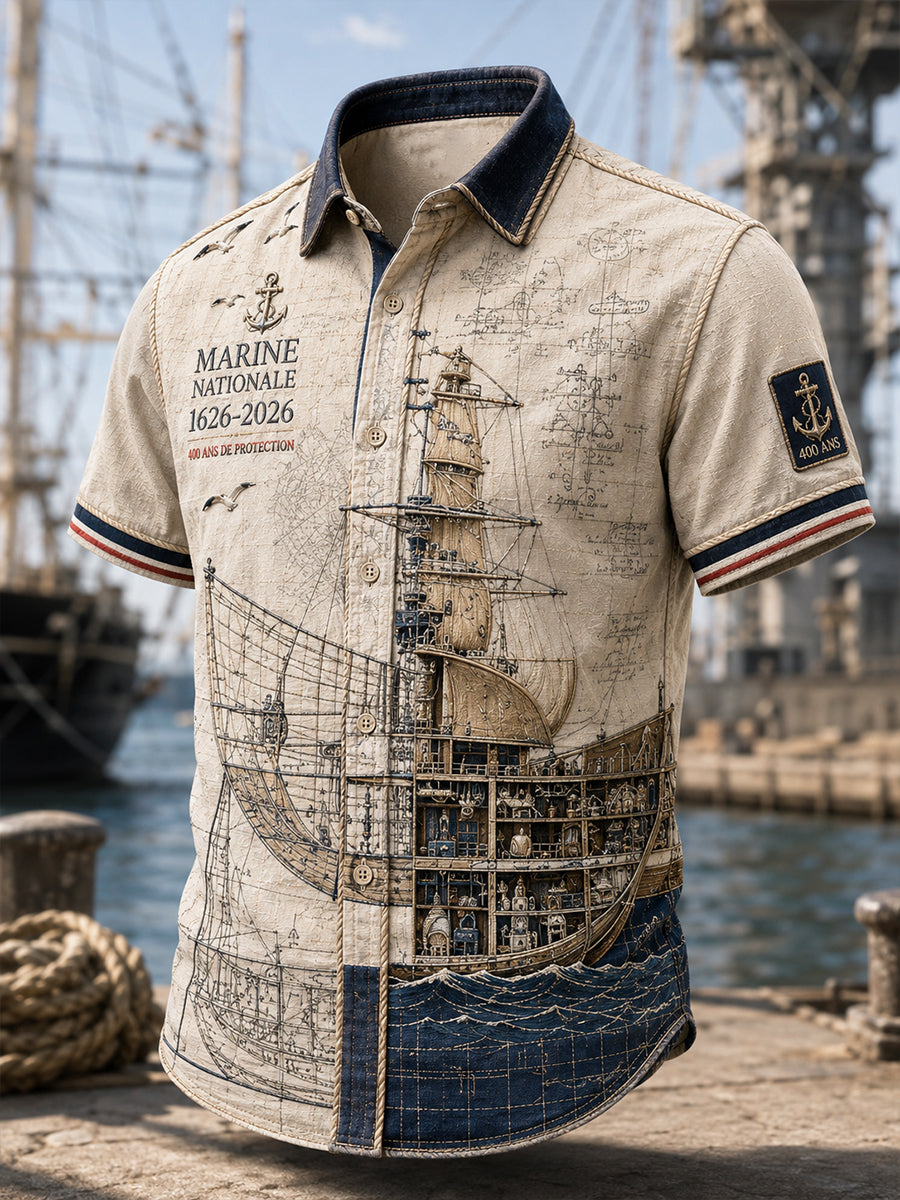 Chemise décontractée pour homme, marine française, manches courtes