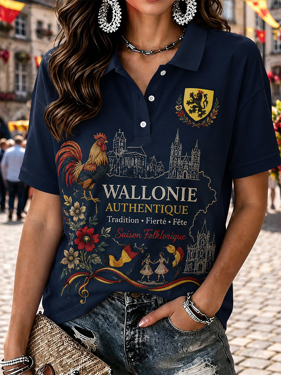 T-shirt polo à manches courtes graphique commémoratif du Festival de folklore wallon féminin