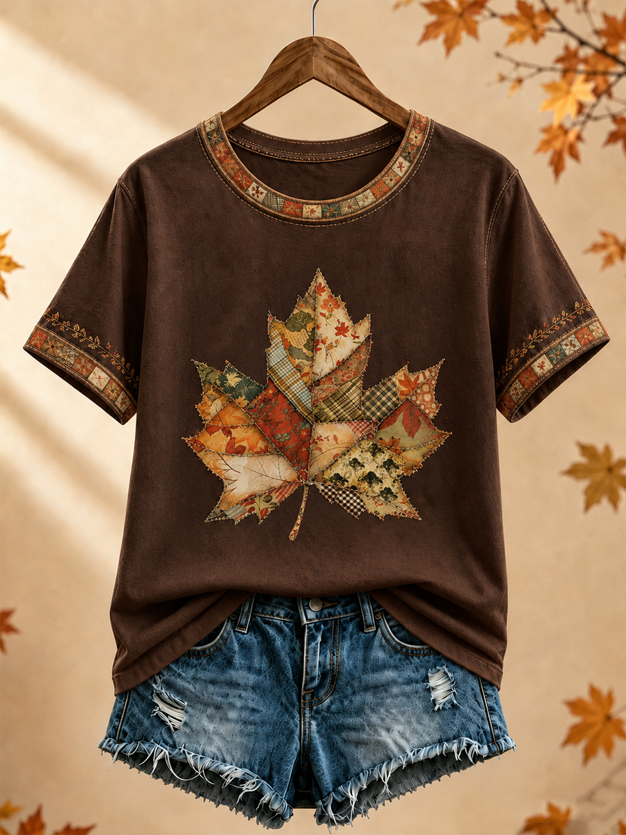 T-shirt à manches courtes imprimé feuille d'érable automne femme
