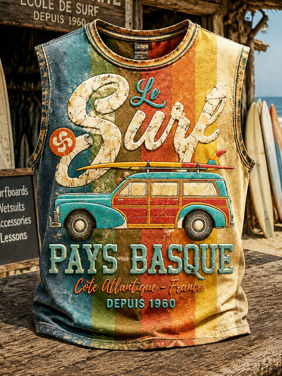 Gilet décontracté vintage pour homme, imprimé rayures de surf, style basque français