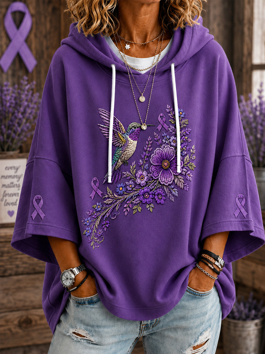 Sweat à capuche à manches courtes pour femmes violet imprimé floral et colibri Alzheimer Awareness Support