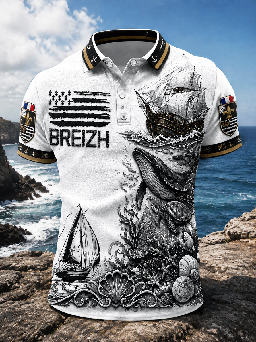 Polo décontracté blanc pour homme, imprimé maritime breton français