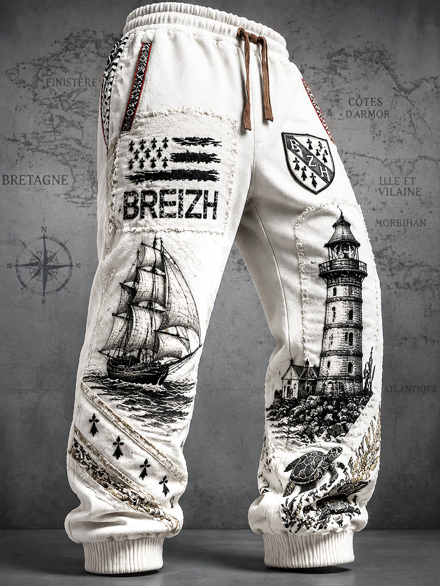Pantalon de sport décontracté pour homme, blanc, style breton, à imprimé patchwork