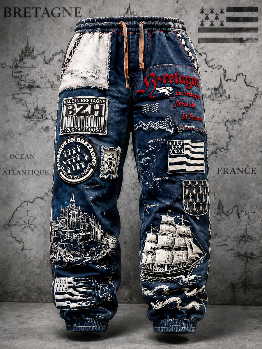 Pantalons de sport décontractés pour homme, imprimé patchwork breton français
