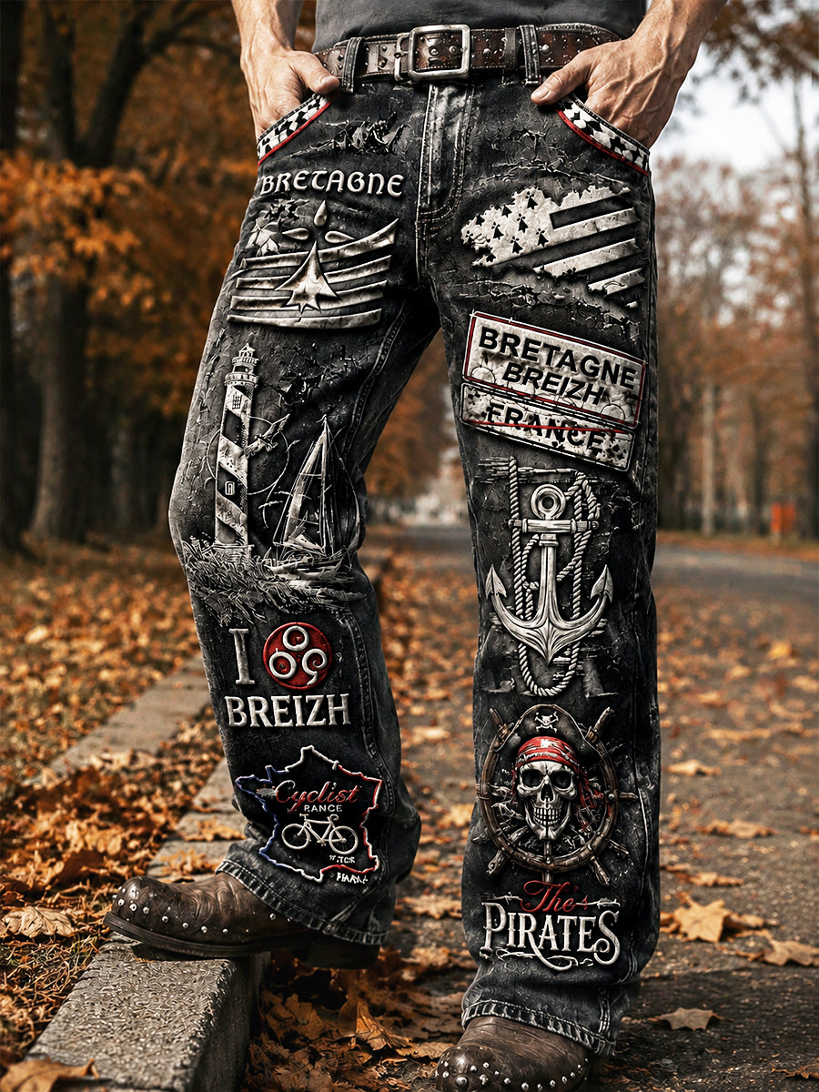 Pantalon décontracté vintage noir à imprimé breton pour homme