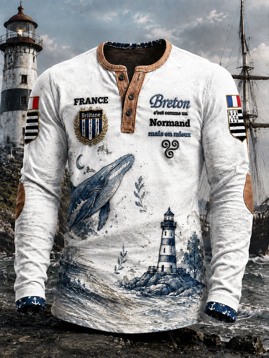 Sweatshirt Homme Décontracté Blanc À Col Henley Imprimé Breton