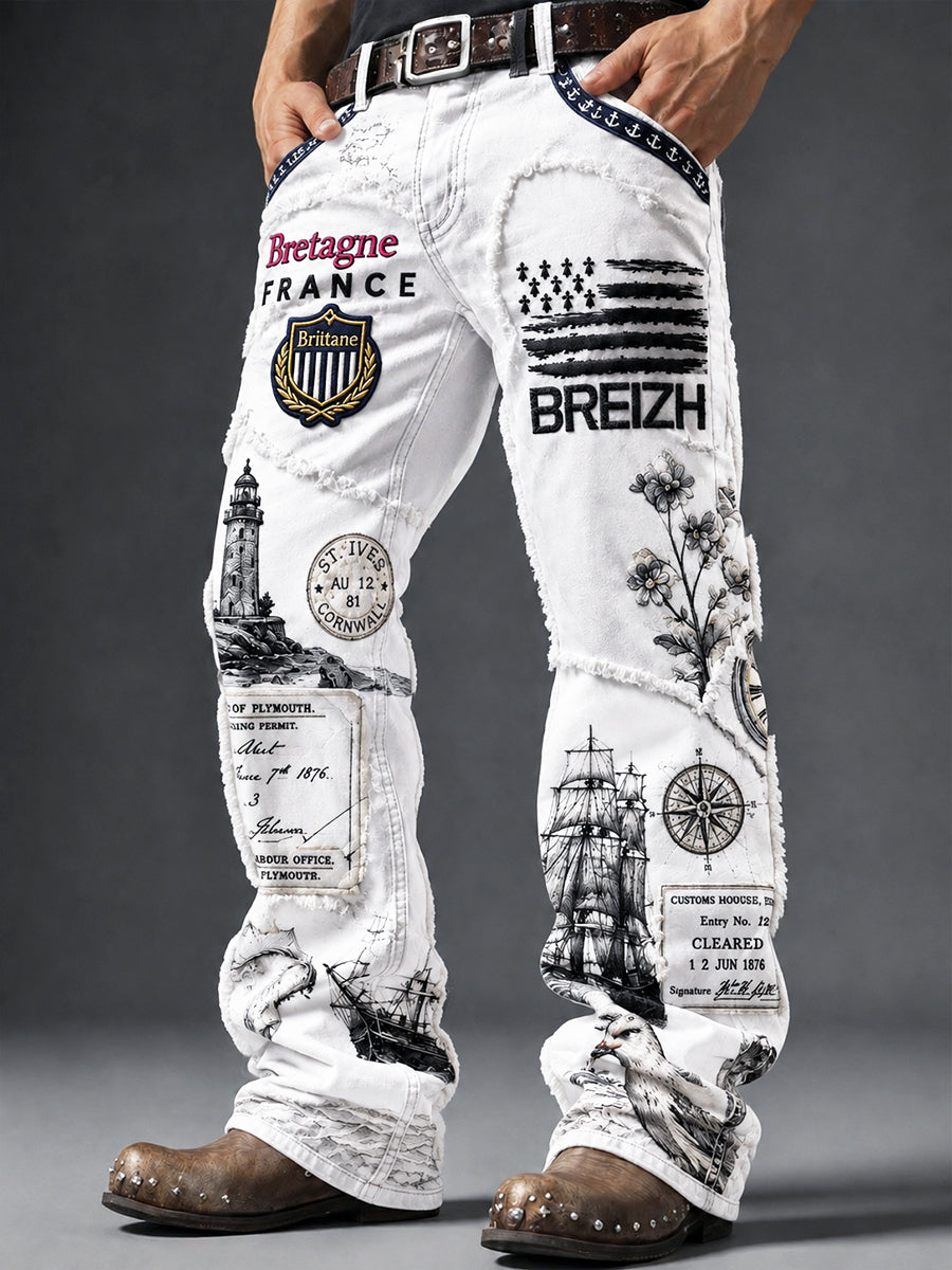 Pantalons Décontractés Homme Blanc Style Bretonne Motif Patchwork