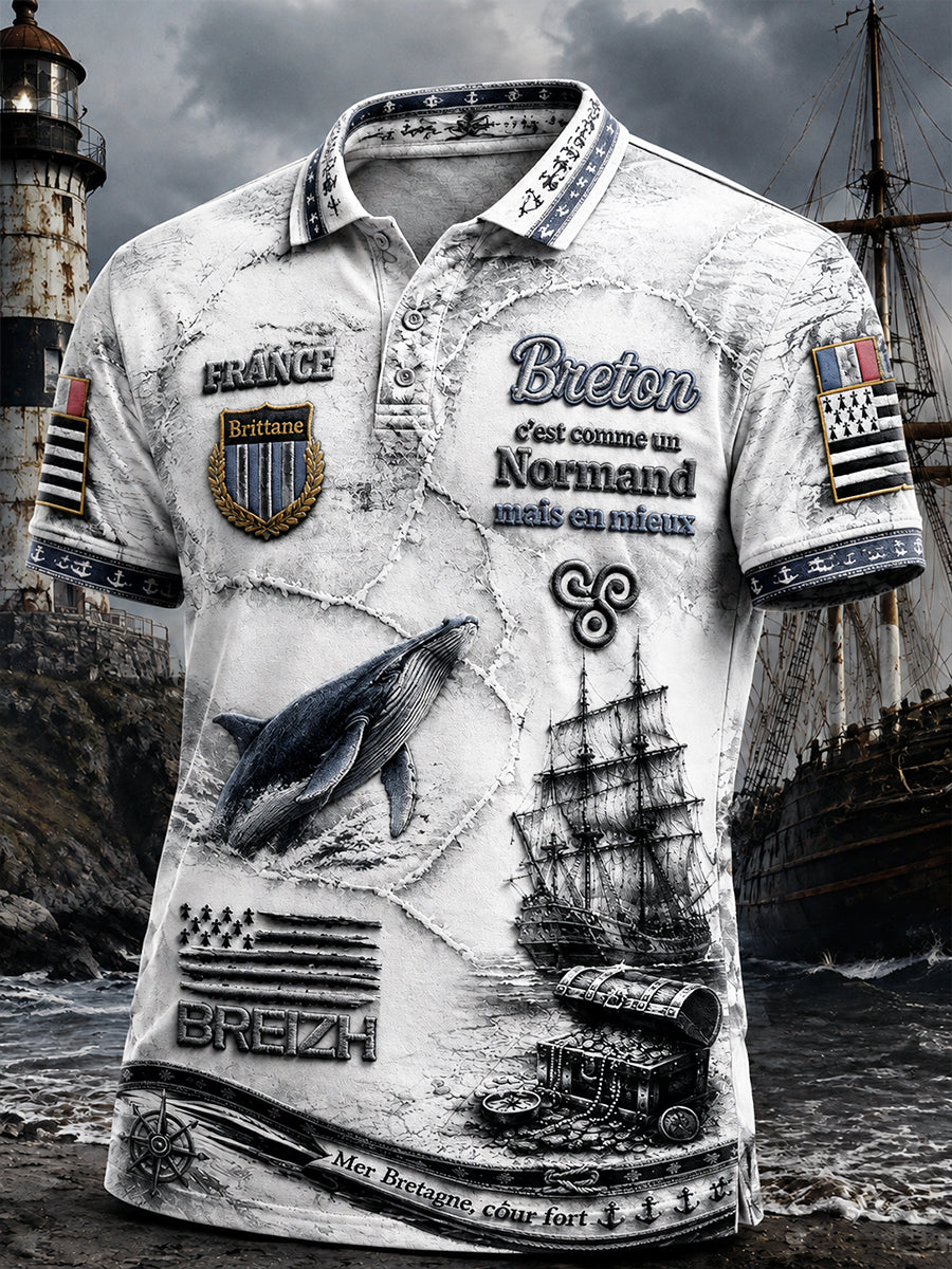 Polo décontracté à imprimé patchwork français vintage pour hommes
