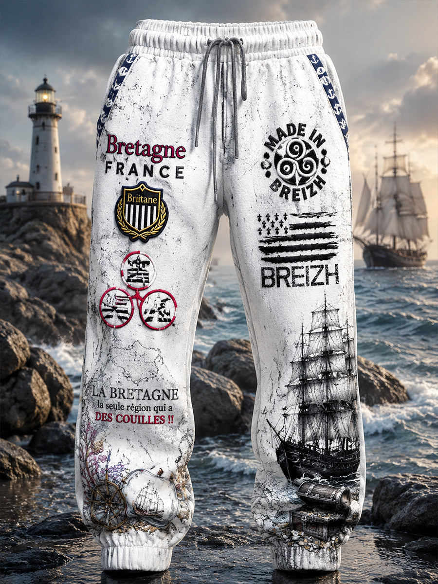Pantalon De Sport Décontracté Homme Blanc À Imprimé Breton