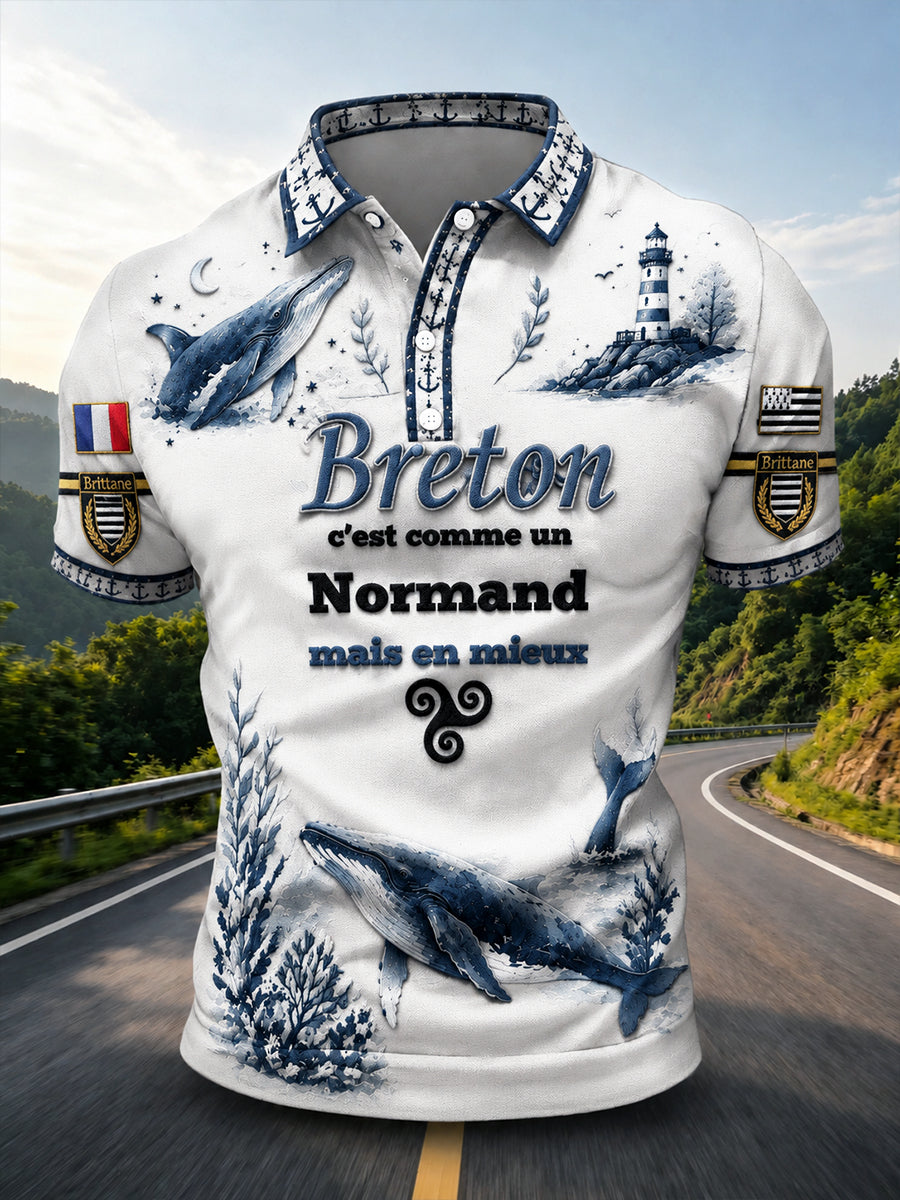Polo Homme Décontracté Blanc À Imprimé Breton