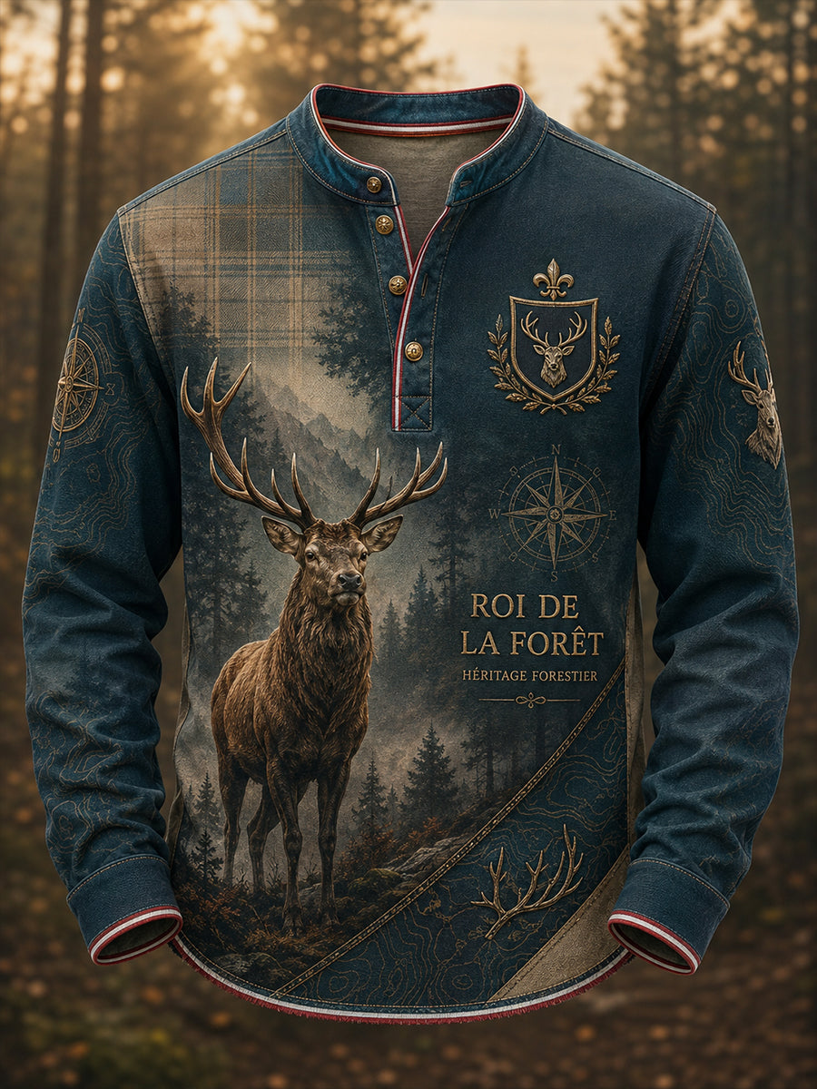 T-shirt décontracté à boutons pour homme, imprimé saison de chasse française