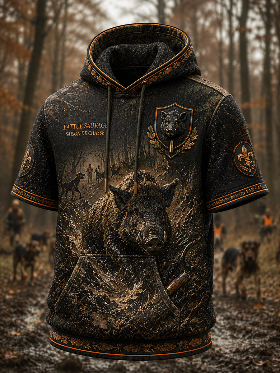 Sweat à capuche décontracté à manches courtes pour homme, motif chasse à la française