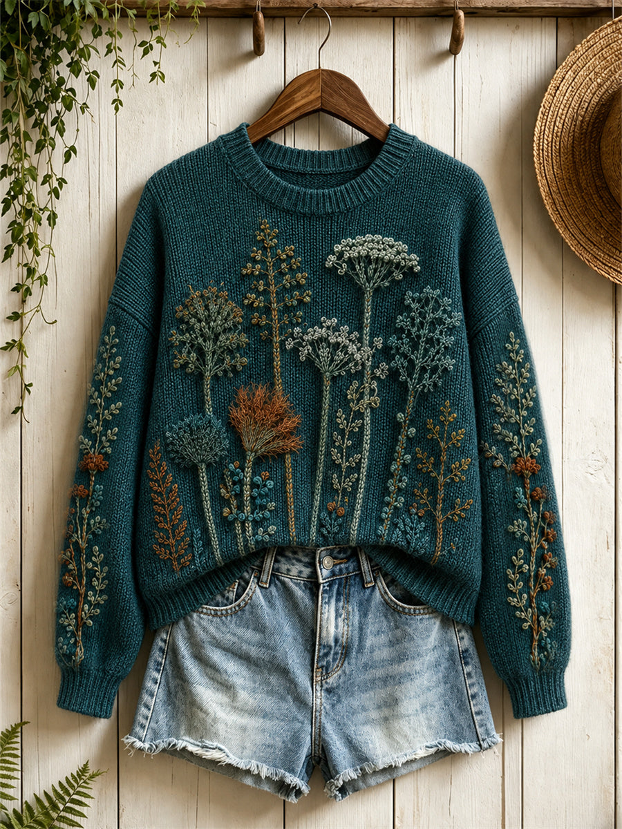 Pull col rond vintage pour femme à imprimé floral feuilles de fougère dans la forêt
