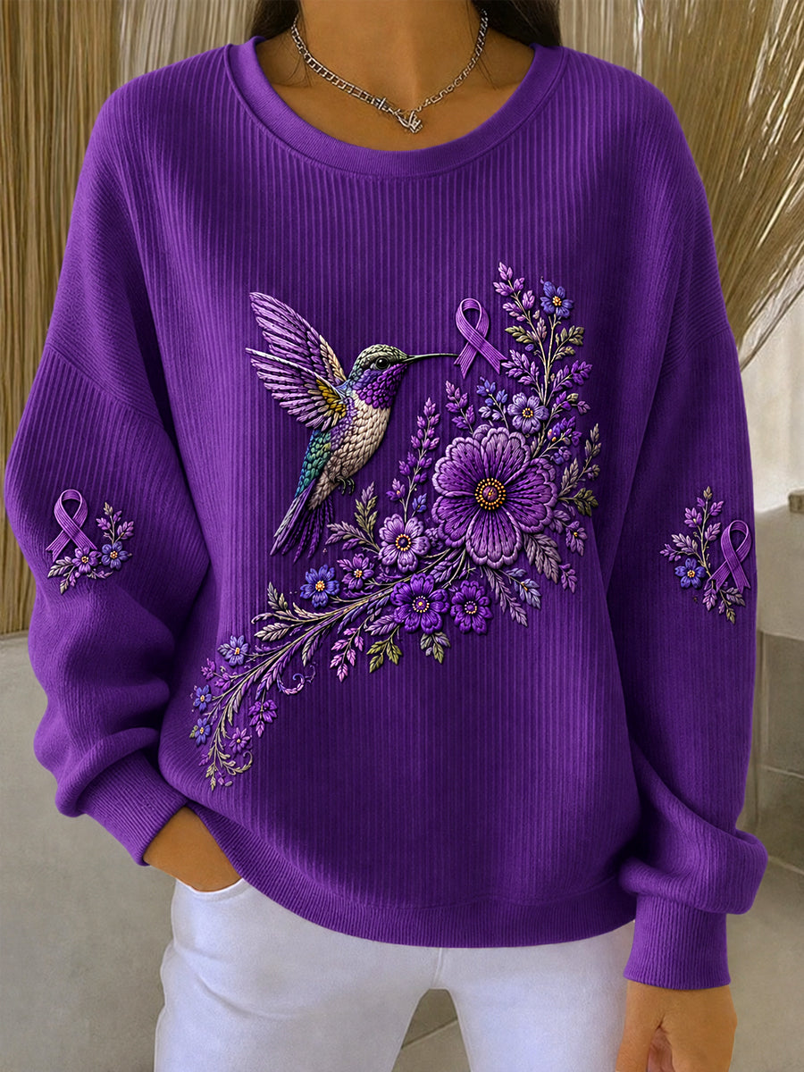Sweat-shirt de soutien à la sensibilisation à la maladie d’Alzheimer pour femmes, imprimé floral violet et colibris