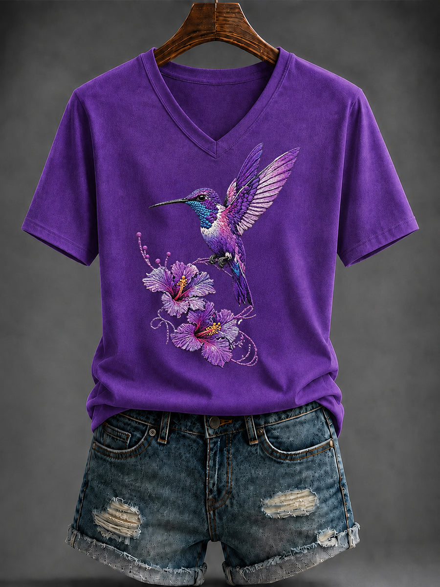 T-shirt violet pour femmes à col en V et imprimé artistique