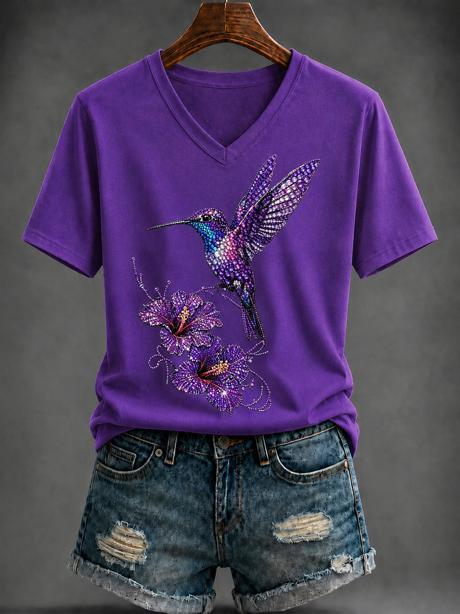 T-shirt Femme Violet Imprimé Art Col V