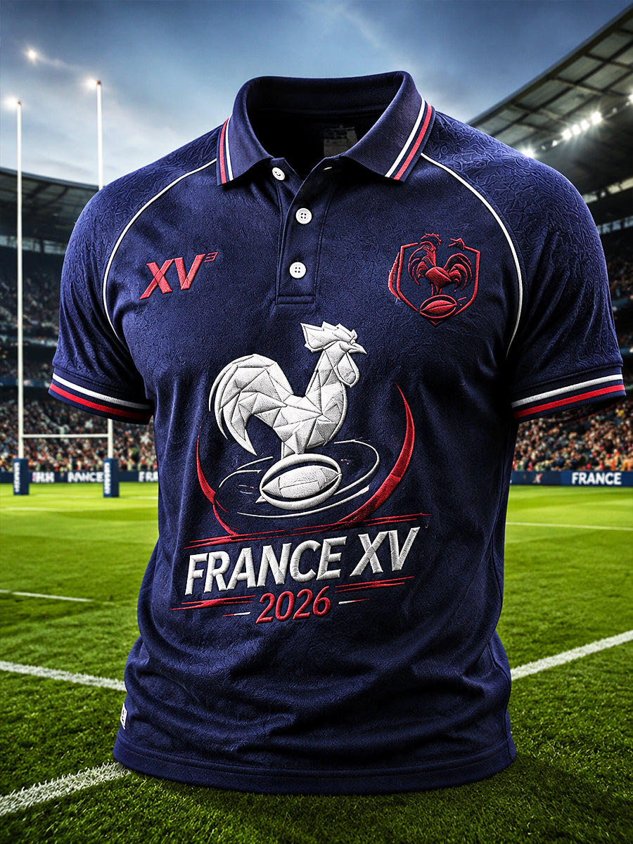 Polo Décontracté Homme Bleu Foncé Imprimé Coq De Rugby Français