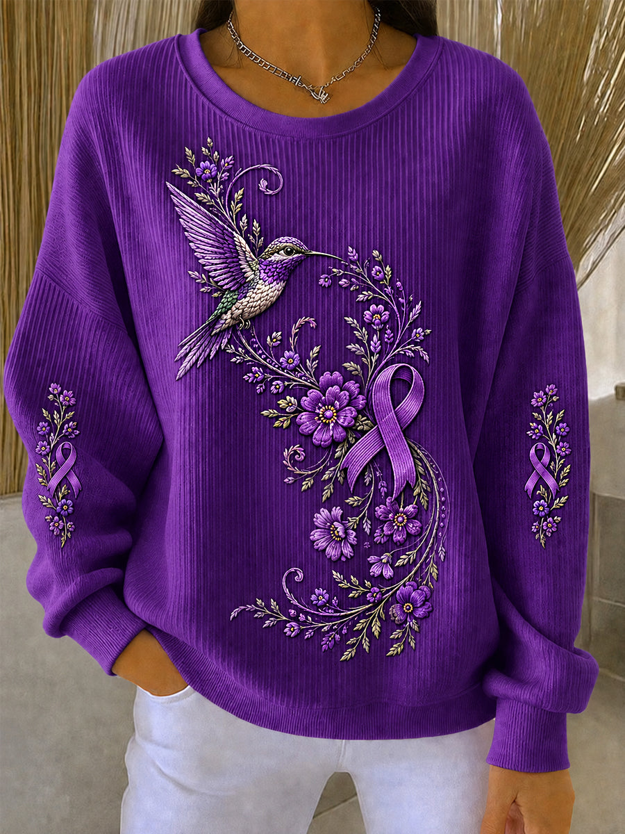 Sweat-shirt de soutien à la sensibilisation à la maladie d’Alzheimer, pour femme, imprimé floral violet et colibri