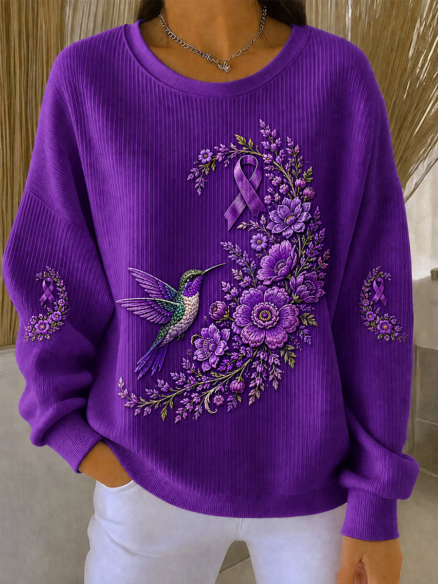 Sweatshirt de soutien de sensibilisation à la maladie d'Alzheimer à imprimé floral et colibri violet pour femme