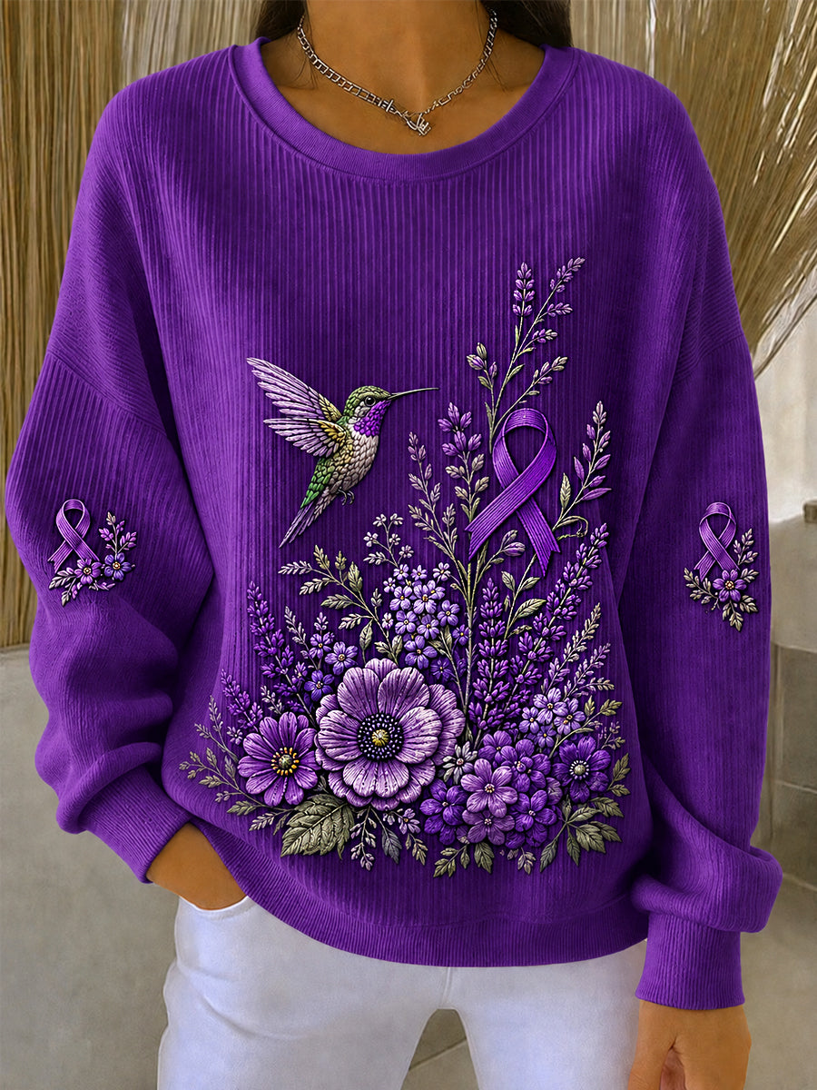 Sweat-shirt de soutien à la sensibilisation à la maladie d’Alzheimer, pour femme, imprimé floral violet et colibri