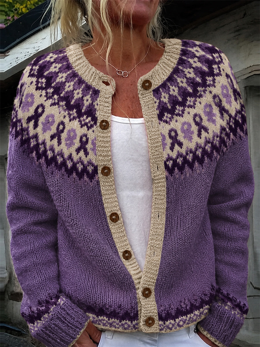Cardigan imprimé à motif d'île avec empiècement ruban violet vintage pour femme