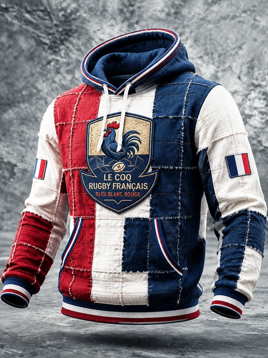 Sweat à capuche pour homme, motif automnal de coq français en patchwork, imprimé rugby