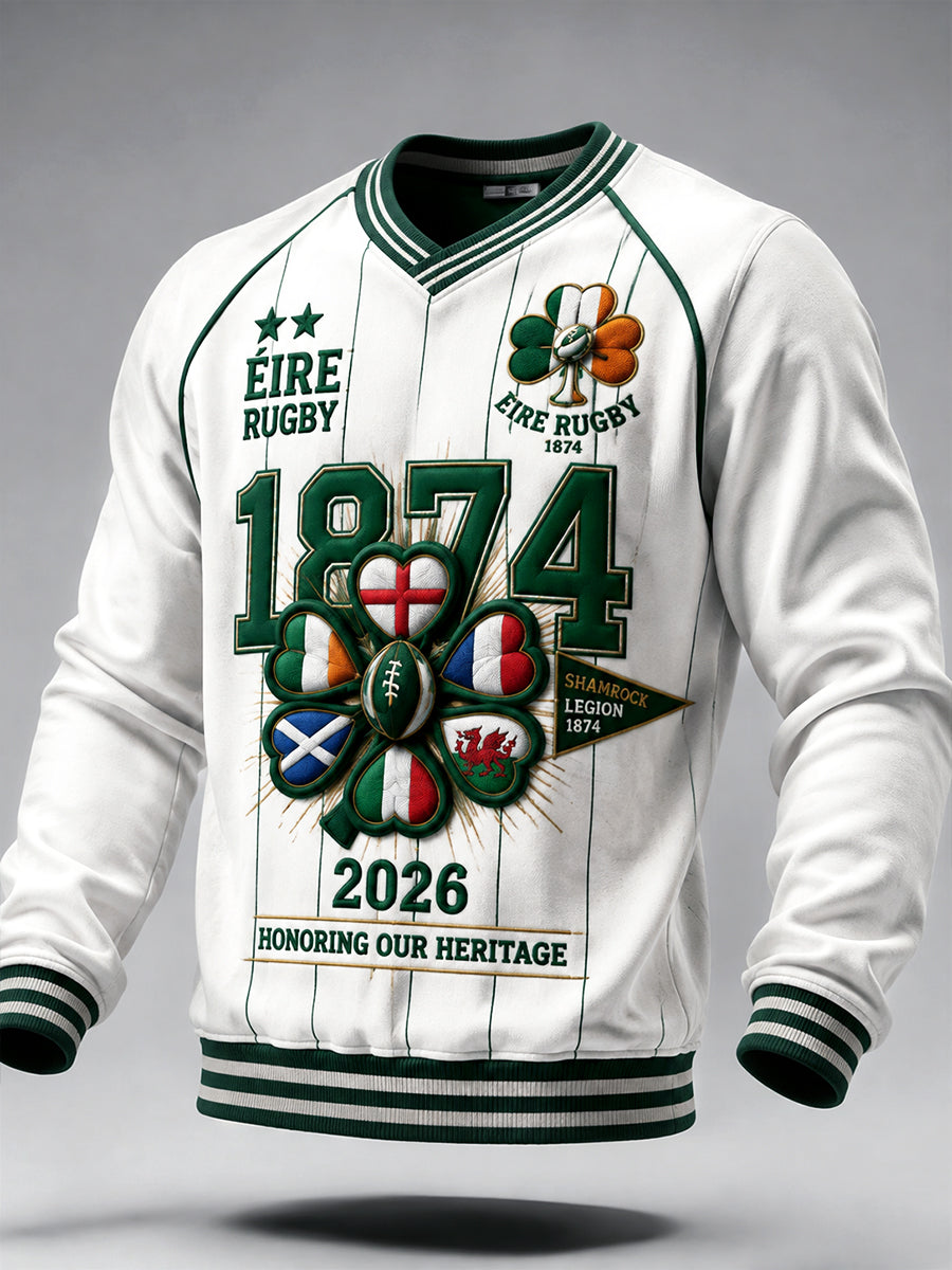 Men’s Irish Autumn Rugby Print Casual V-neck Sweatshirt