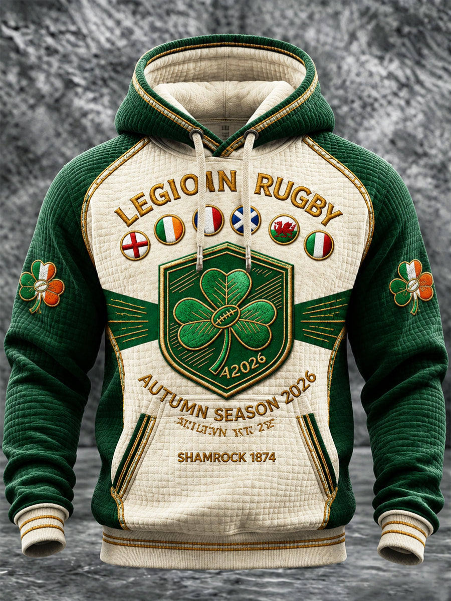 Men’s Irish Autumn Rugby Patchwork Print Casual Hooded Sweatshirt