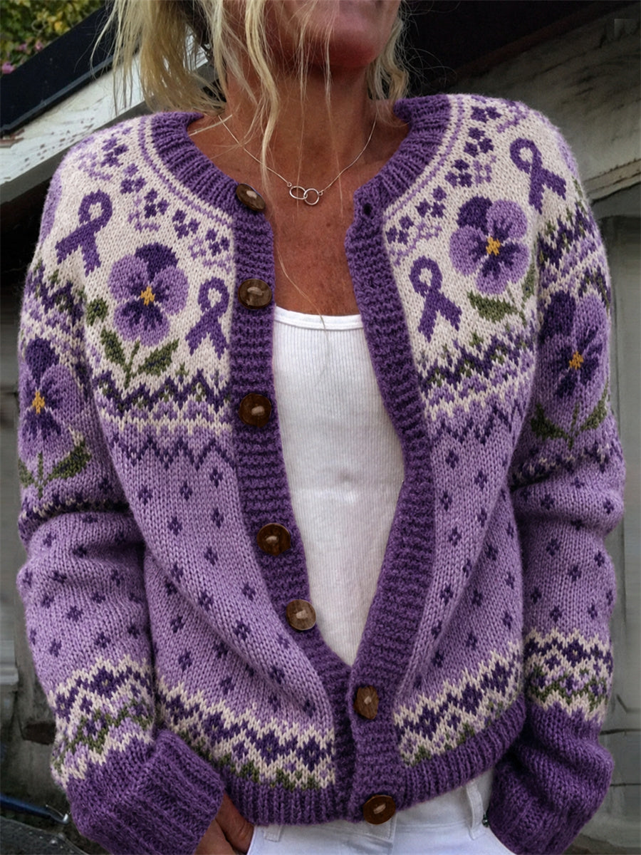 Cardigan vintage pour femme, motif imprimé avec des fleurs de pensée et un ruban violet