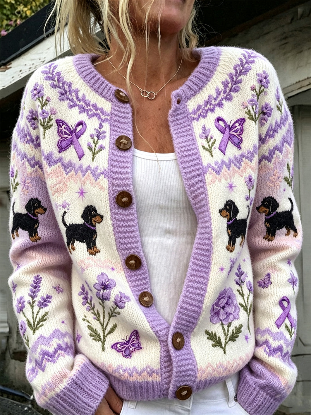 Cardigan décontracté pour femme orné d’un mignon chien et d’un motif de ruban violet de la solidarité