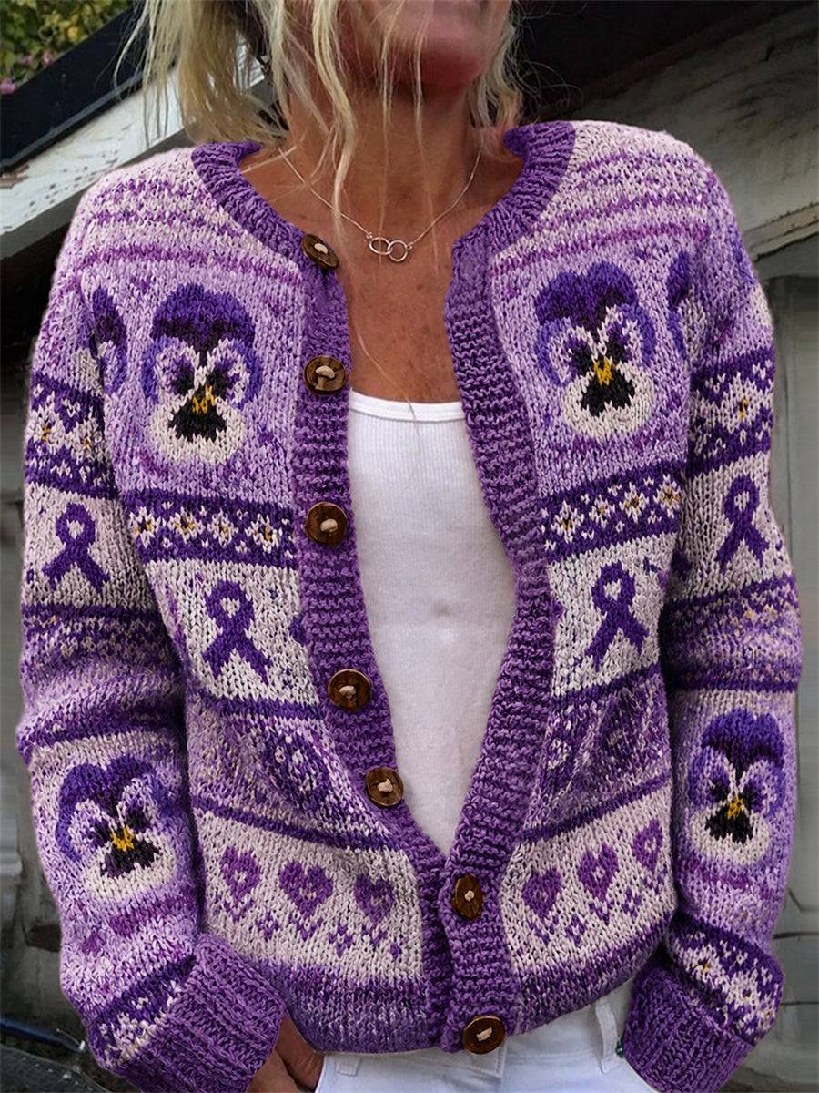 Femmes Vintage Pansy Fleurs Violet Ruban Isle Motif Imprimer Cardigan