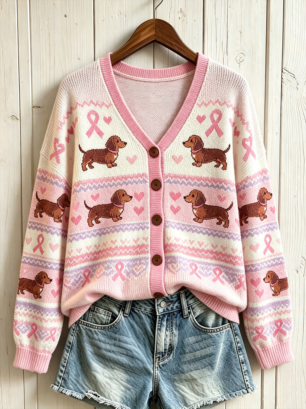 Cardigan décontracté pour femme, imprimé d’un chien mignon et d’un ruban rose de la sensibilisation