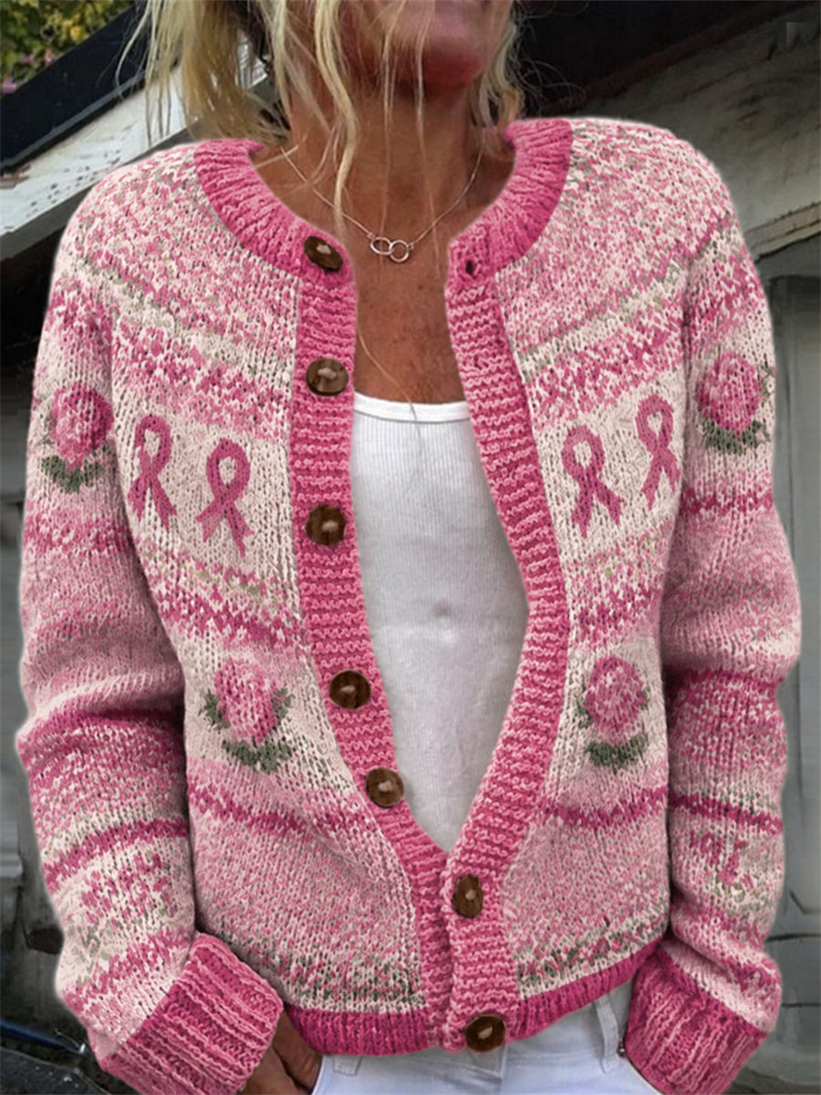 Cardigan pour femme au motif vintage avec roses roses et ruban du cancer du sein