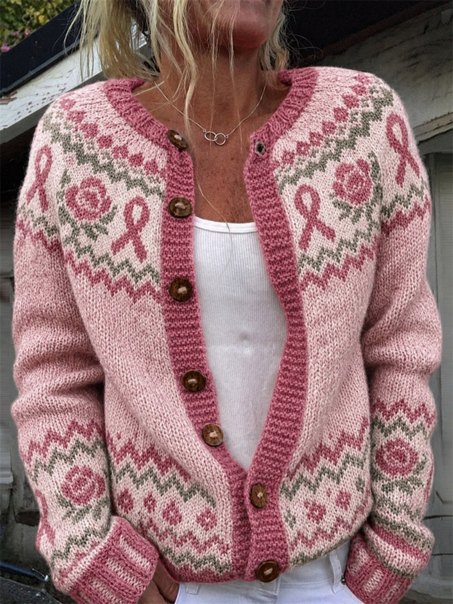 Femmes Vintage Roses Rose Cancer du sein Ruban Isle Motif Imprimer Cardigan