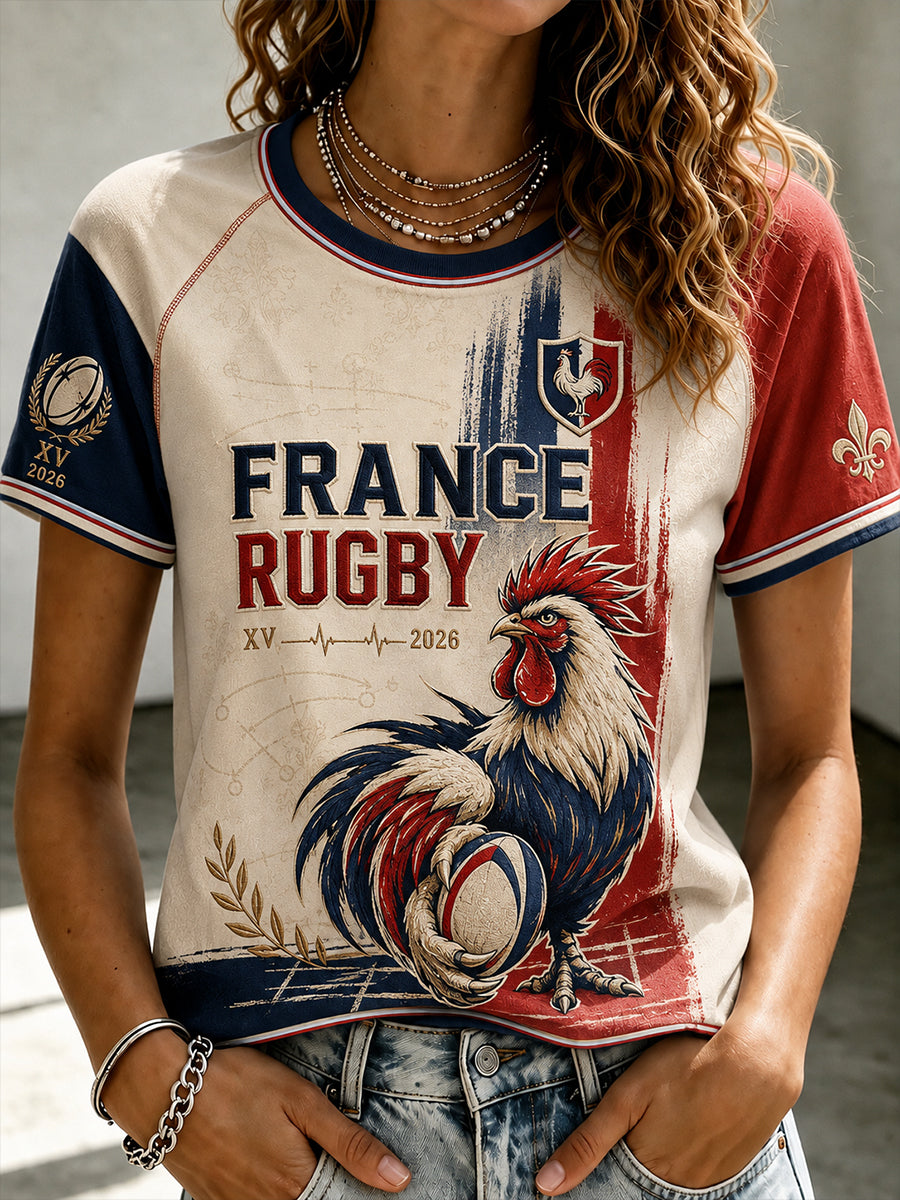 T-shirt femme de rugby français à col rond et manches courtes
