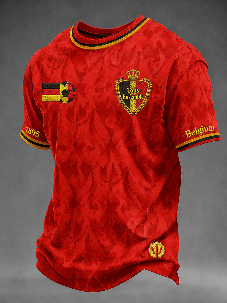 T-shirt homme à manches courtes, ample, à la mode vintage, imprimé football belge