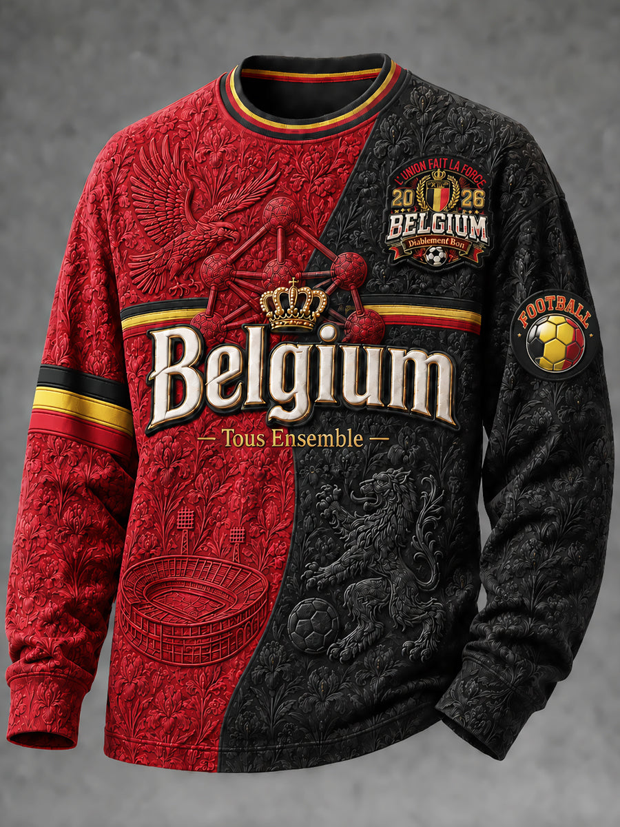 T-shirt homme à manches longues et col rond, imprimé football belge
