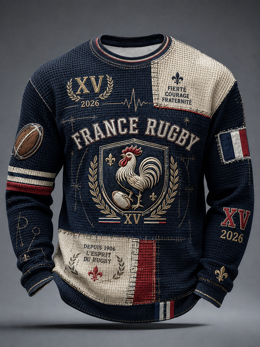 T-shirt manches longues en coton waffle pour homme, style rugby français