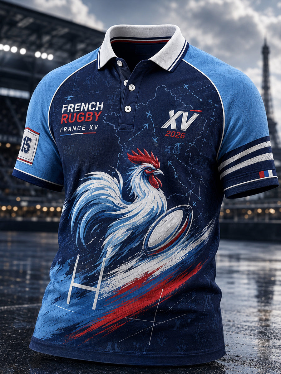 Polo imprimé artistique de rugby français pour homme