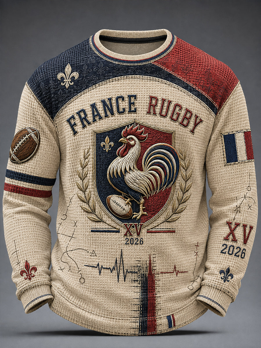 T-shirt manches longues en coton waffle pour homme, style rugby français