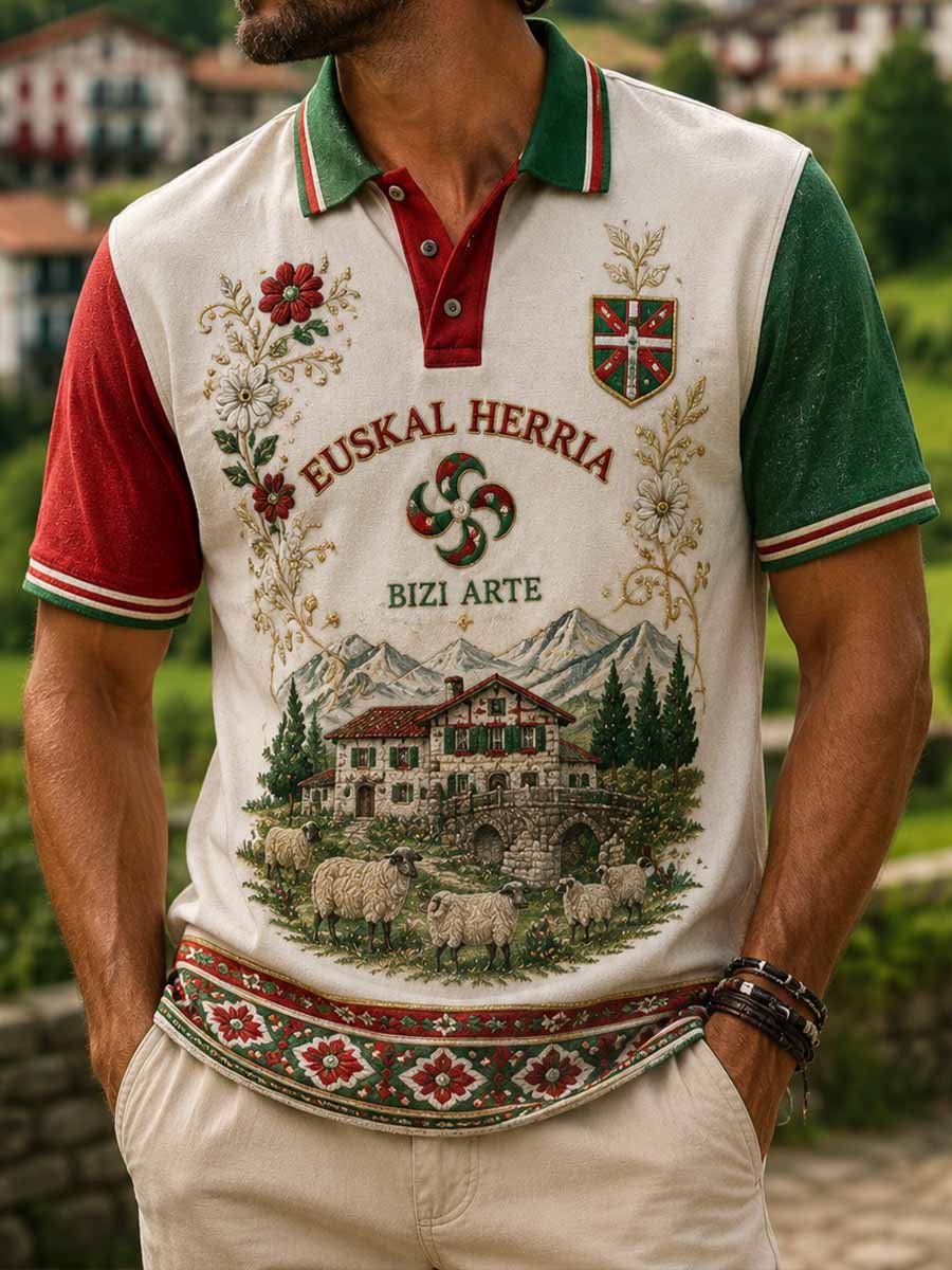 Polo rétro imprimé motif traditionnel basque pour hommes