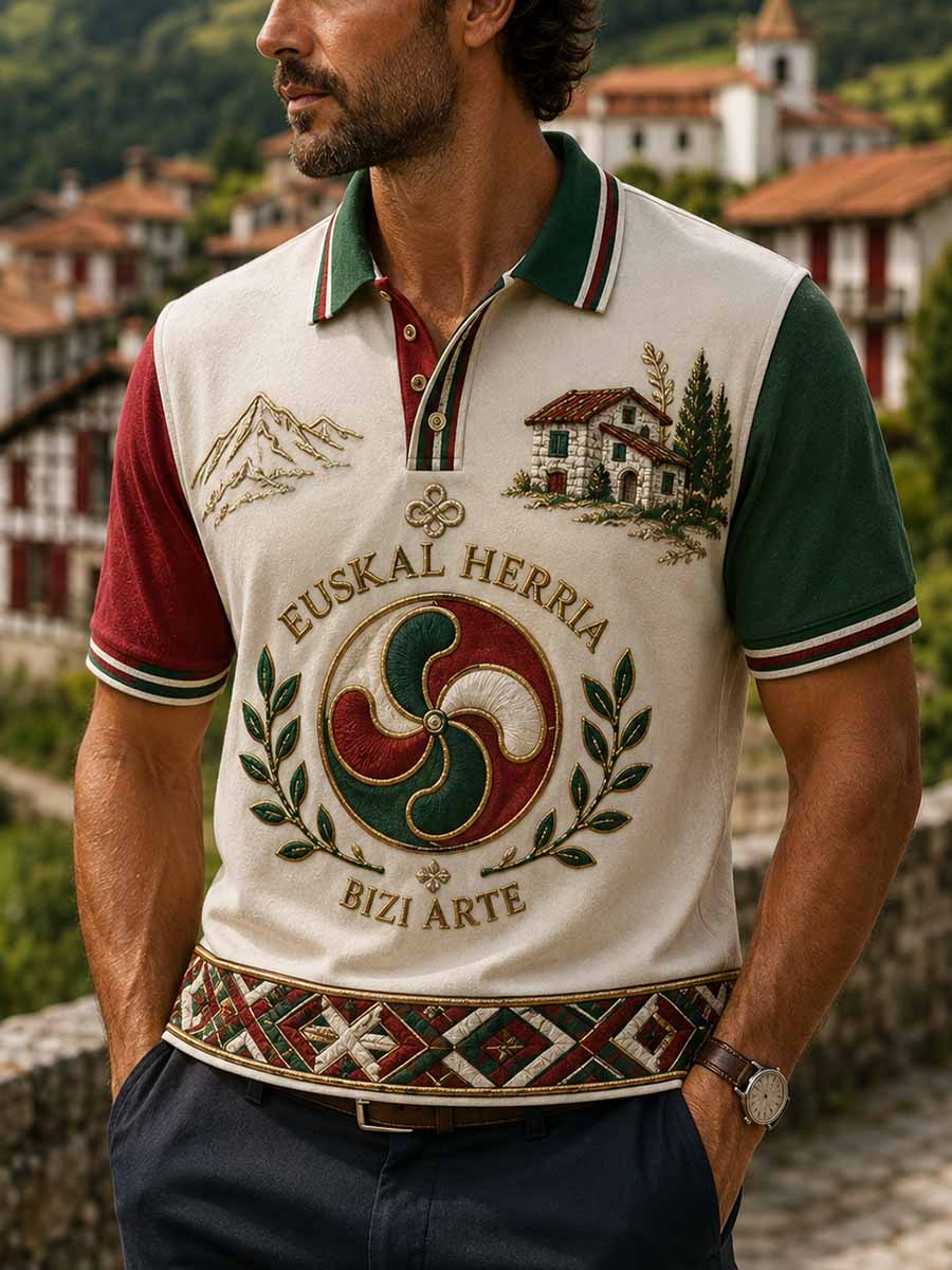 Polo rétro pour homme à motif traditionnel basque imprimé