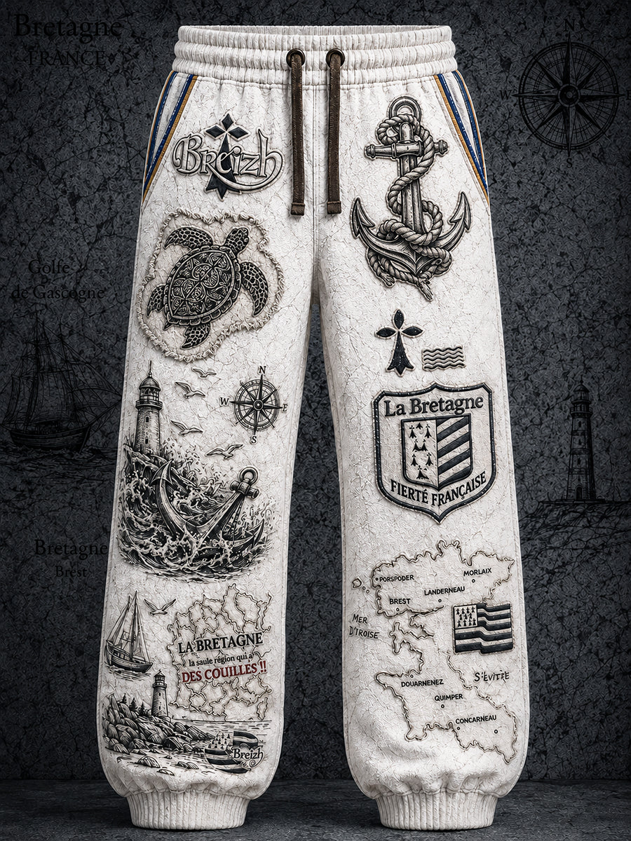 Pantalon décontracté pour homme, style marin breton, blanc à imprimé nautique, vintage